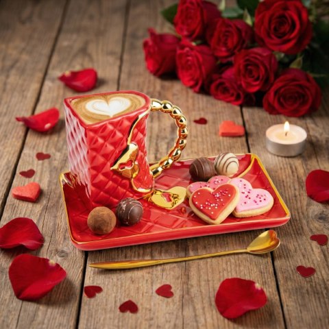 Kubek Torebka z talerzykiem i łyżeczką serce - prezent dla Kobiety