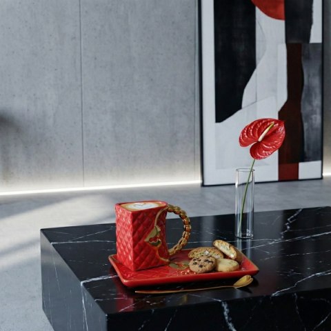 Kubek Torebka z talerzykiem i łyżeczką serce - prezent dla Kobiety