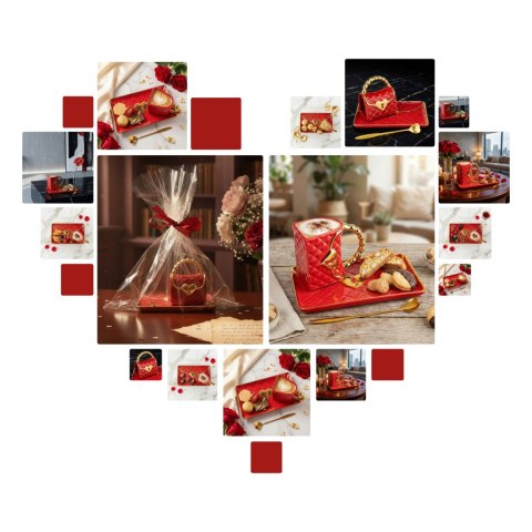 Kubek Torebka z talerzykiem i łyżeczką serce - prezent dla Kobiety